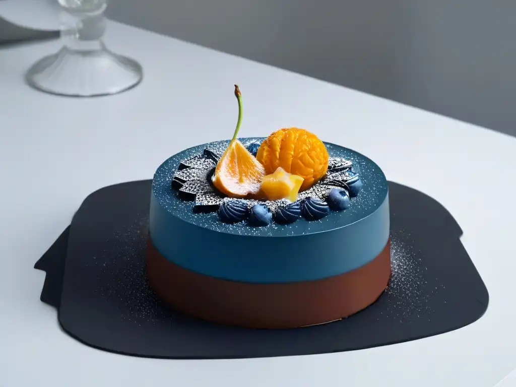 Diseño de postres minimalistas de lujo: postre elegante con formas geométricas y brillo suave reflejando luz natural