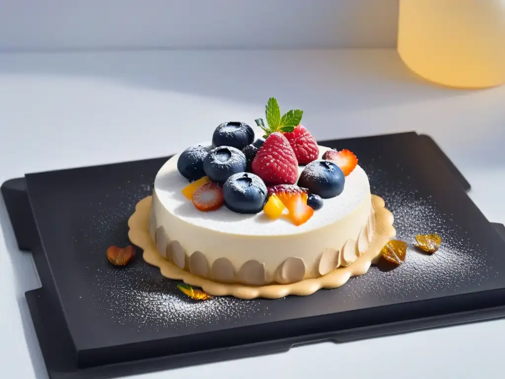 Diseño de postres minimalistas de lujo: Obra de arte en un plato negro con detalles dorados y bayas frescas