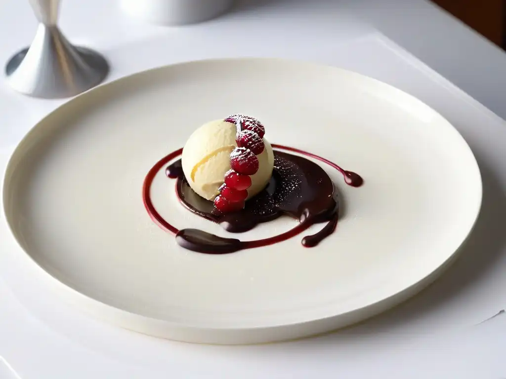 Diseño postres minimalistas tendencias futuras: Helado de vainilla con frambuesa y salsa de chocolate en plato blanco elegante