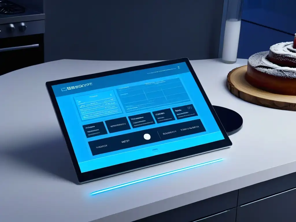 Diseño de repostería en era digital: cocina futurista con software de postres sofisticados en tablet de alta tecnología