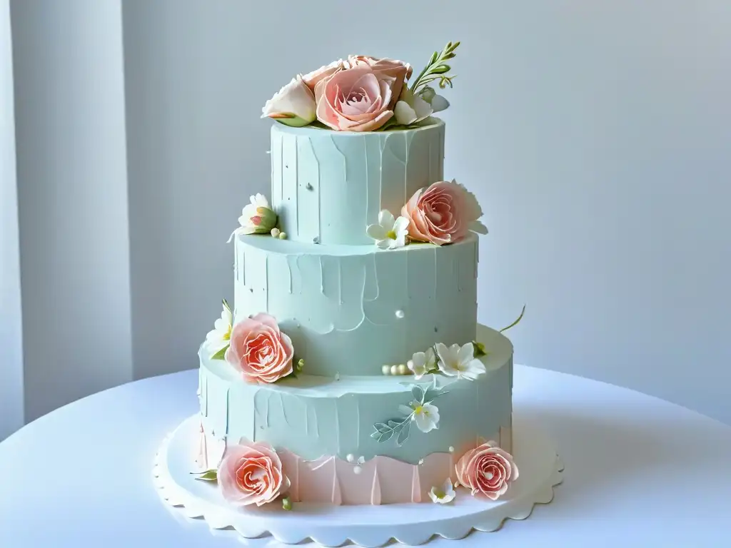 Transformación de diseños de repostería en Adobe Photoshop: detallada tarta de bodas de tres pisos con flores de azúcar en tonos pastel