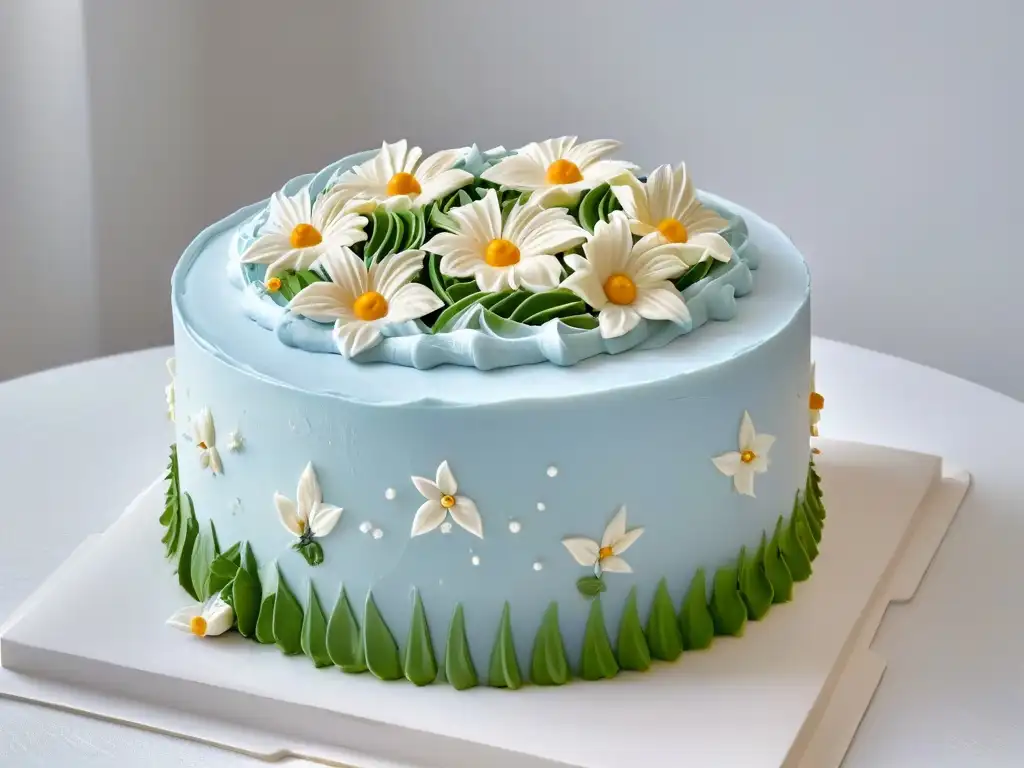 Transformación de diseños de repostería con Adobe Photoshop: detallada tarta decorada con precisos diseños florales en glaseado, sobre mármol blanco