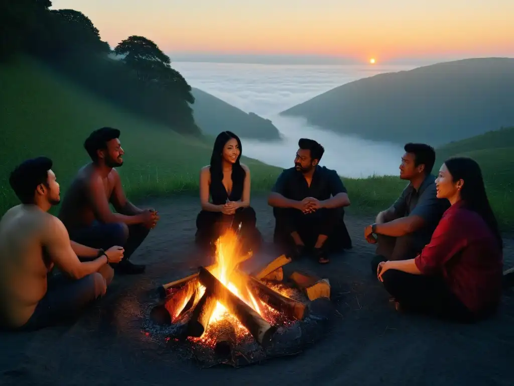 Diversidad cultural en celebración del solsticio de verano alrededor de una fogata al atardecer