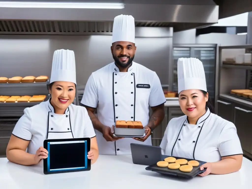 Bakers con diversidad usan tecnología en cocina futurista para repostería inclusiva con apps y gadgets
