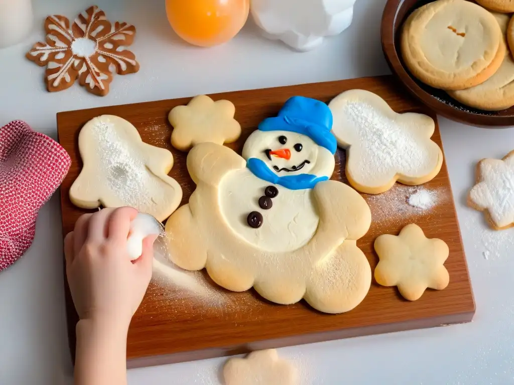 Divertidas actividades de repostería invernal para niños: moldeando muñecos de nieve con masa de galletas en una acogedora cocina de madera