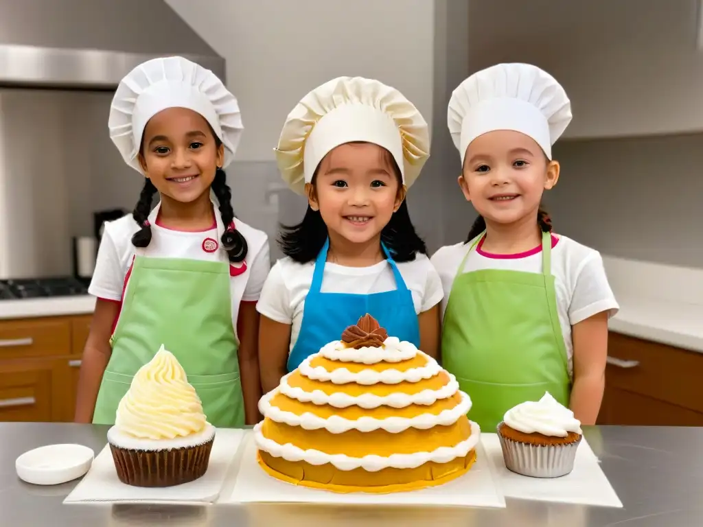 Divertido taller de repostería para niños con delantales y gorros de chef, creando juntos en la cocina