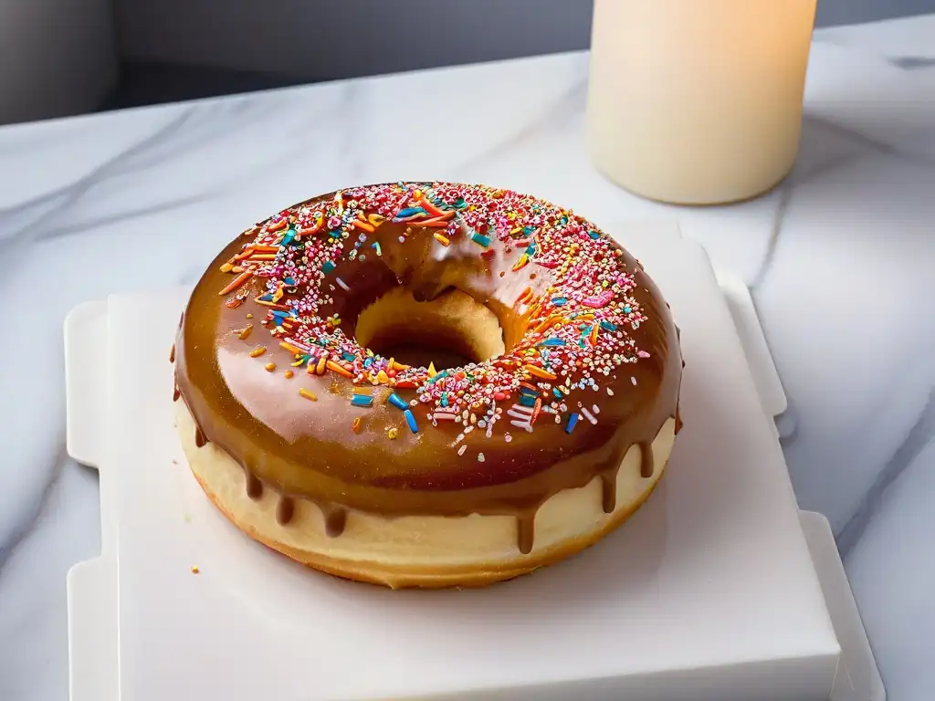 Un donut casero recién glaseado sobre elegante encimera de mármol