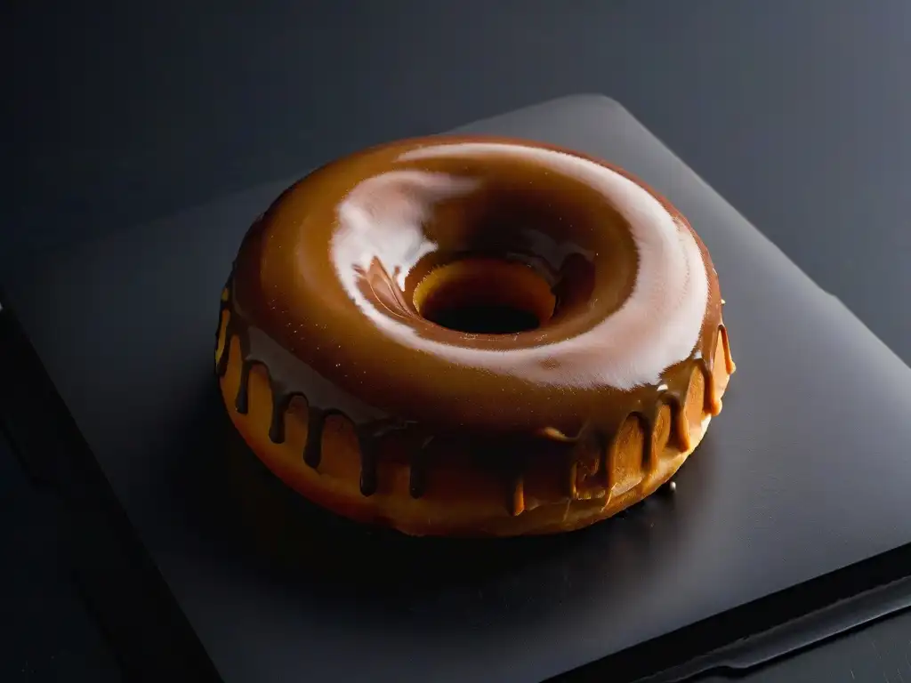 Un donut casero perfectamente glaseado sobre una superficie negra mate