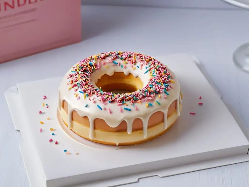 Un donut con glaseado rosa y chispas de colores sobre un plato blanco