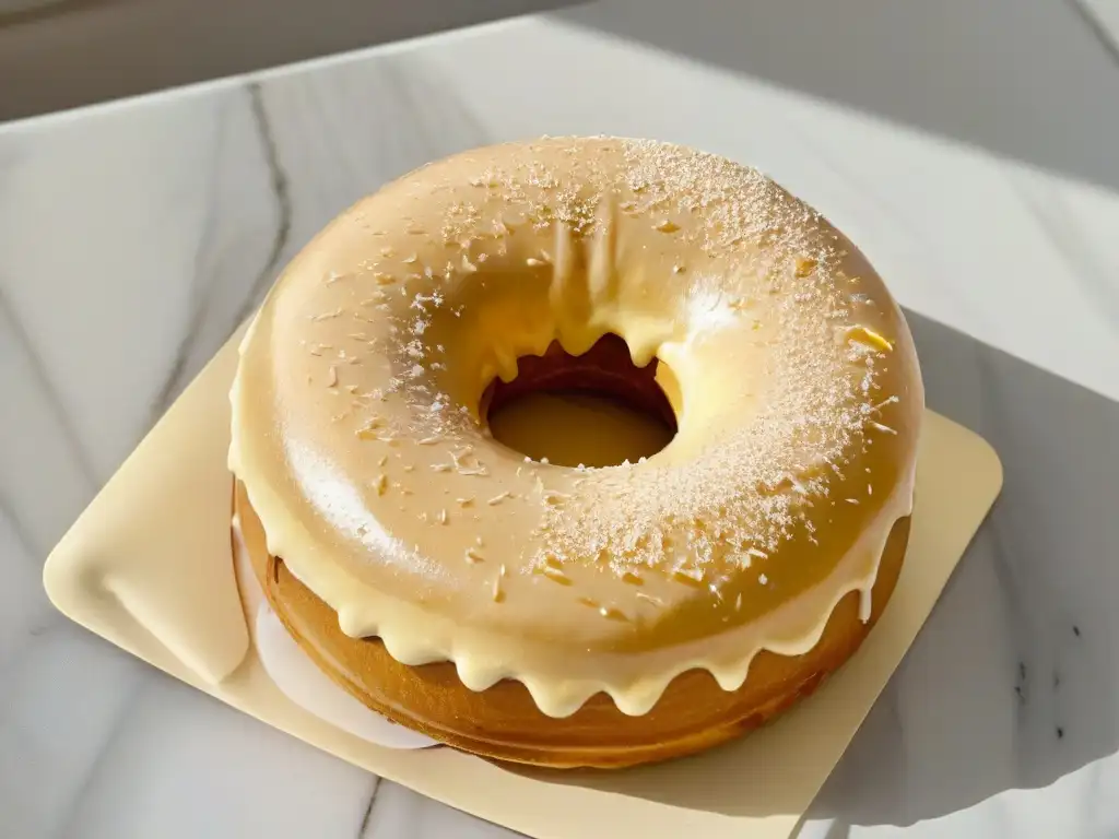 Un donut recién glaseado reposa sobre una elegante encimera de mármol, con un brillo tentador