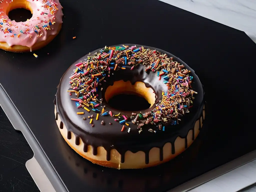 Un donut glaseado perfecto sobre una superficie negra mate