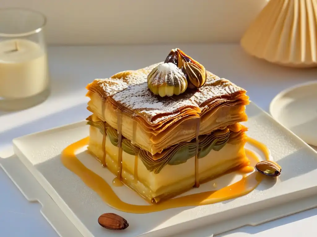 Baklava dorado y crujiente en plato de cerámica con miel brillante