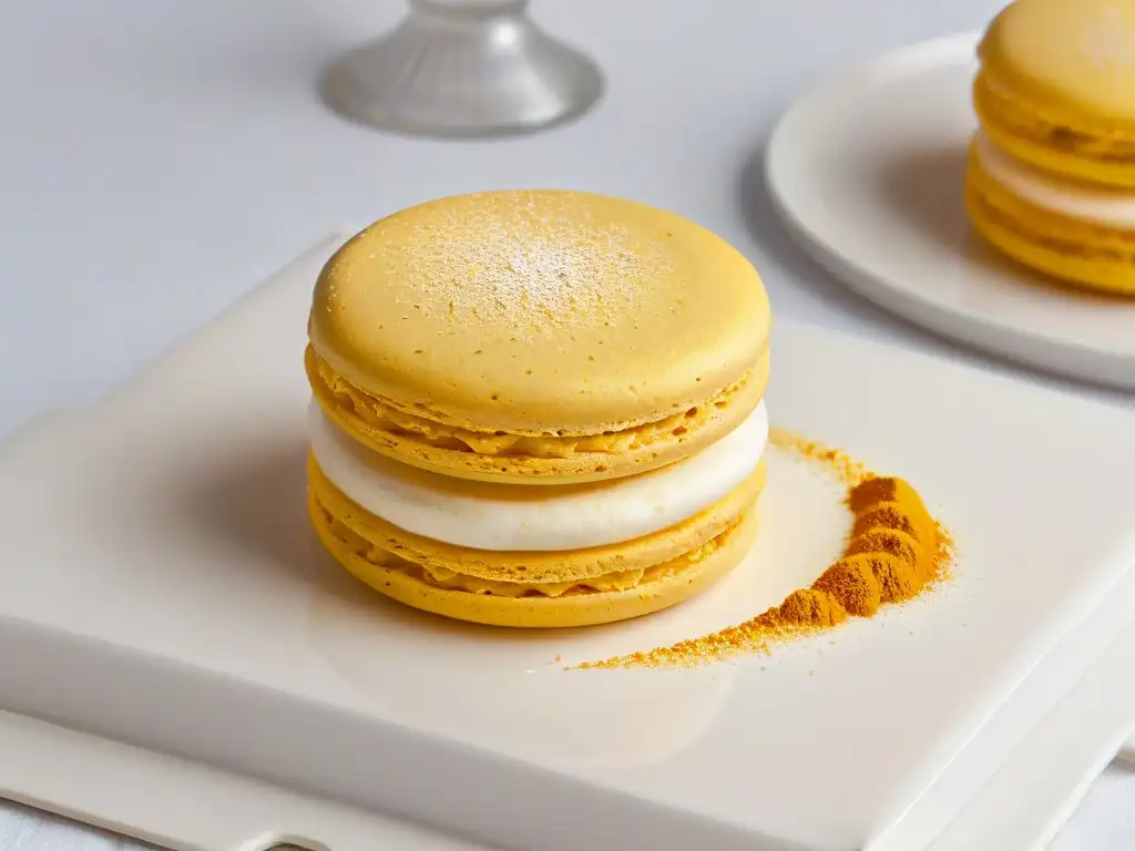 Macaron dorado de cúrcuma sobre plato cerámico moderno