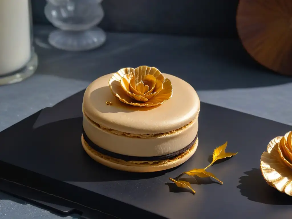 Un macaron dorado con hoja de oro comestible en plato negro, iluminado suavemente