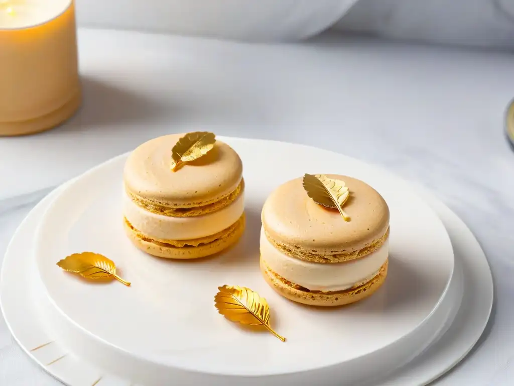 Dulce macaron de almendra sin gluten con hoja de oro, sobre encimera de mármol iluminada naturalmente