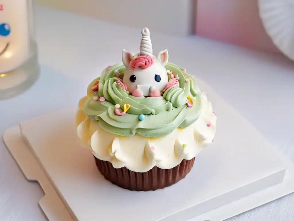 Dulce cupcake temático de fiestas infantiles con unicornio de fondant y chispas vibrantes en plato blanco