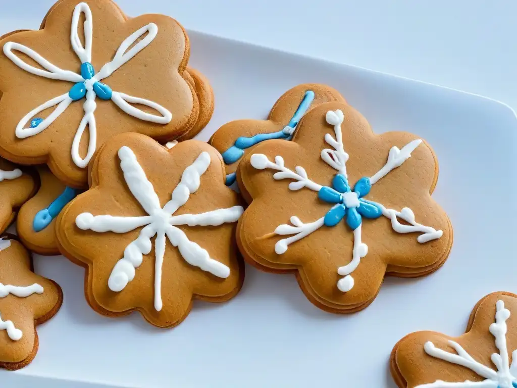 Un dulce y detallado galleta de jengibre recién horneada con decoraciones de copos de nieve, emitiendo un aroma cálido en un fondo blanco