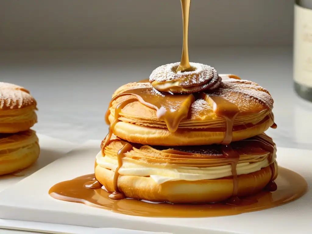 Dulce de leche saludable bañando croissants dorados en elegante encimera de mármol moderno