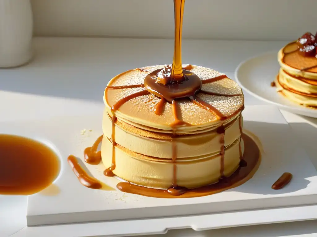 Dulce de leche saludable fluyendo sobre pancakes dorados y esponjosos en plato moderno