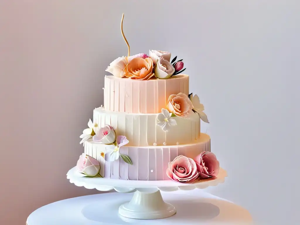 Dulce innovación postres bodas futuras: elegante pastel de boda multitier con detalles blancos y flores de azúcar en tonos pastel