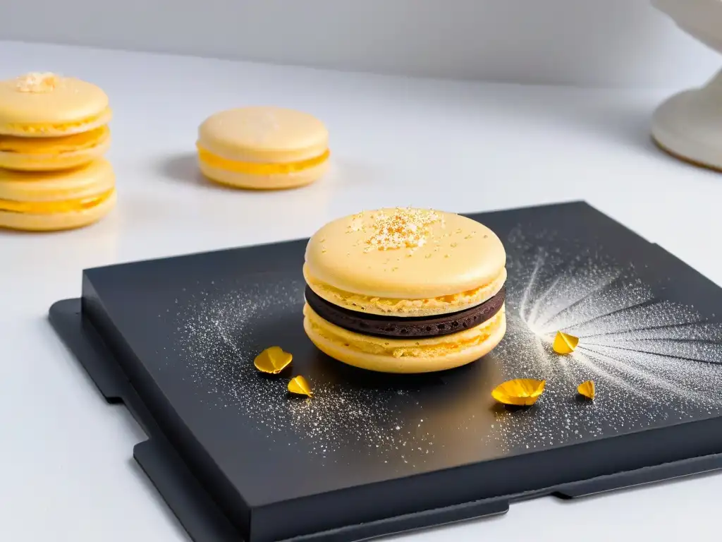 Dulces clásicos sin gluten reinventados: Detalle de un exquisito macaron con detalles dorados sobre cerámica moderna