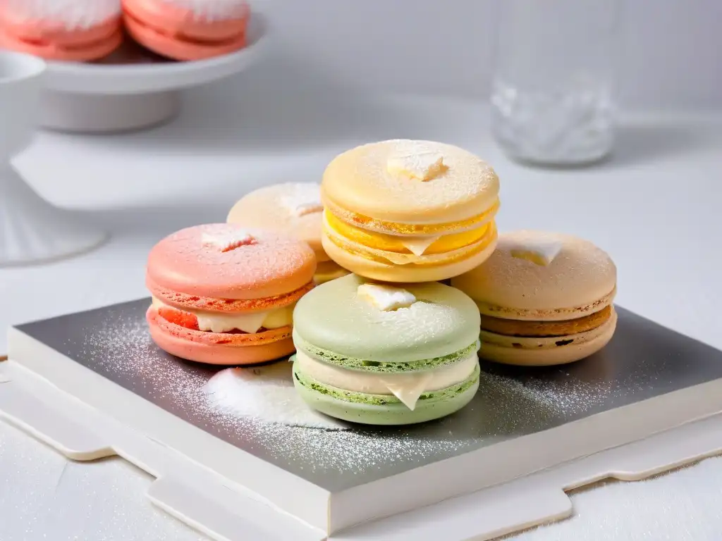 Dulces clásicos sin gluten reinventados: Detalle de un macaron sin gluten, delicado y detallado, con polvo de azúcar