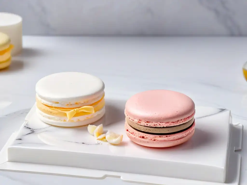 Dulces clásicos sin gluten reinventados: Detalle de un exquisito macaron en mármol blanco