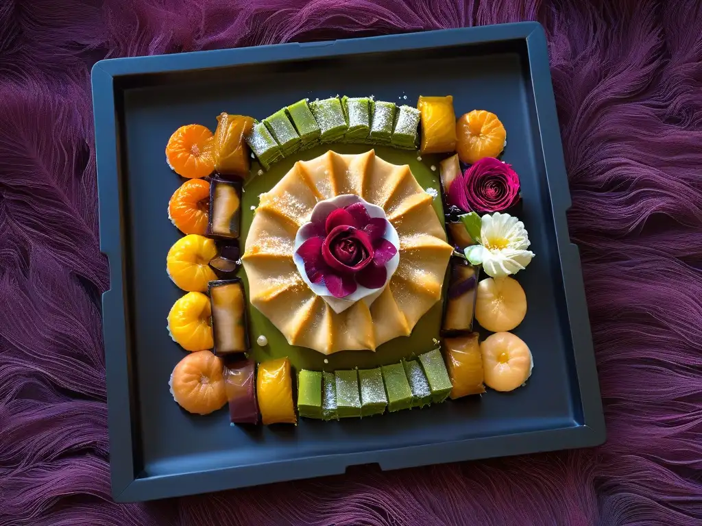 Dulces imperio otomano recetas tradicionales: Bandeja de plata con baklava, lokum y delicias turcas sobre fondo oscuro