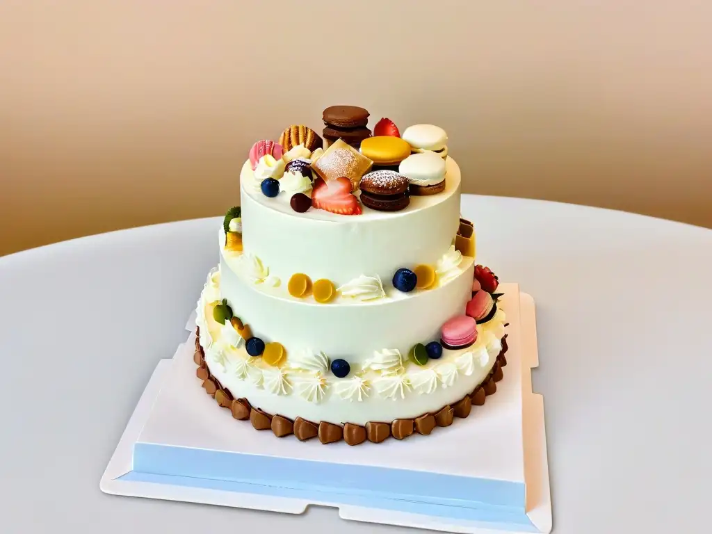 Dulces miniaturas para bodas: Delicados postres adornan una elegante tarta nupcial, creando una imagen visualmente atractiva y elegante