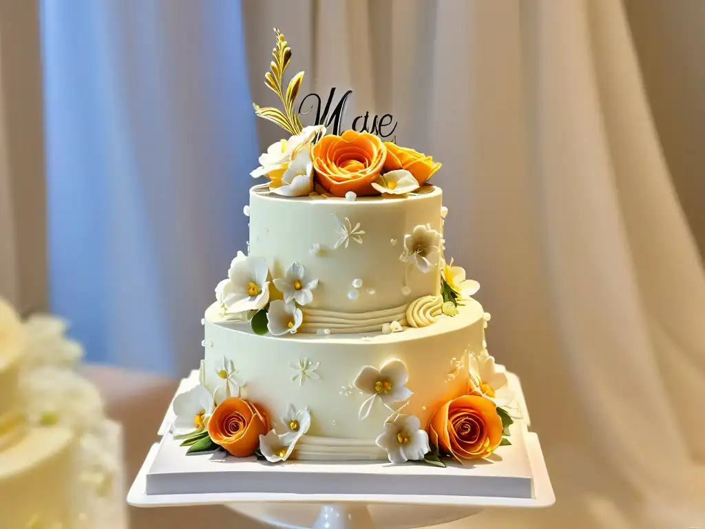 Dulces miniaturas para bodas: Detalle de un exquisito pastel decorado con flores y frosting, en un entorno de boda romántico