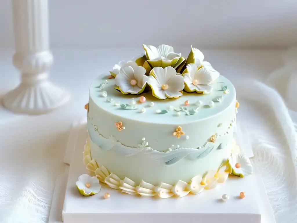 Dulces miniaturas para bodas: Detalle de exquisito pastel nupcial con flores de azúcar y perlas comestibles