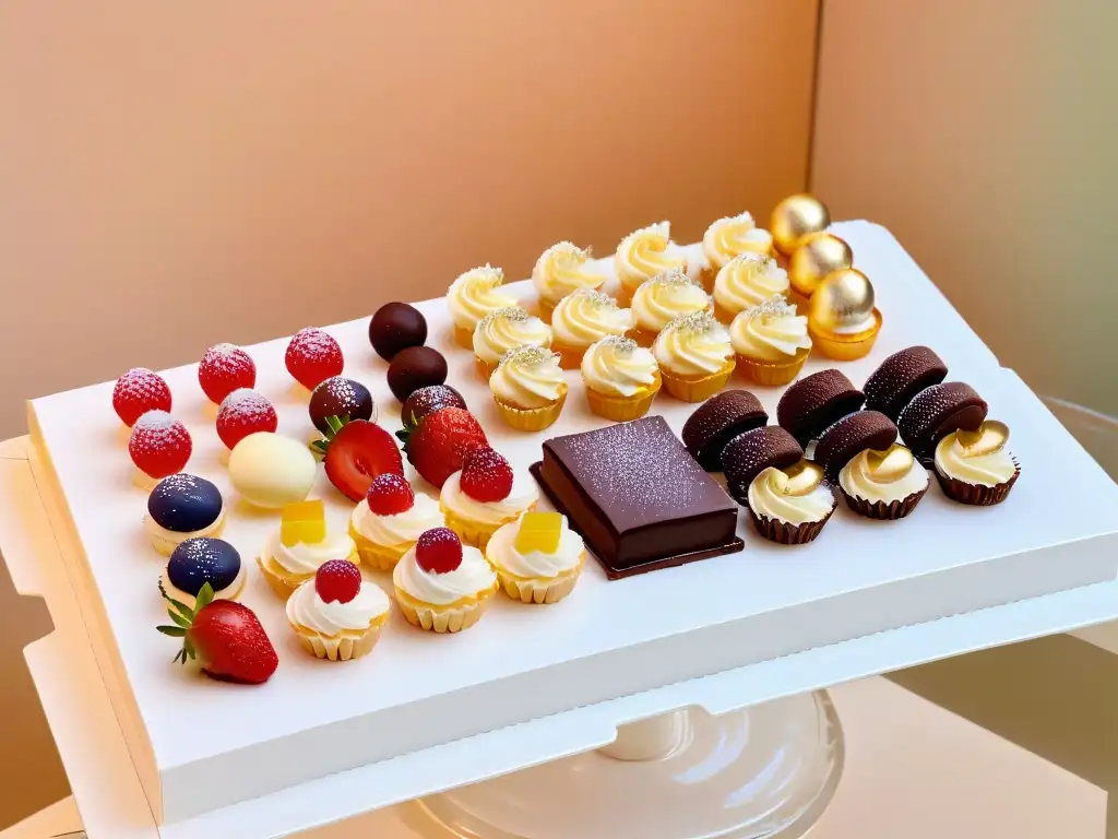 Dulces miniaturas para bodas: Exquisita presentación de mini postres elegantes en bandeja moderna