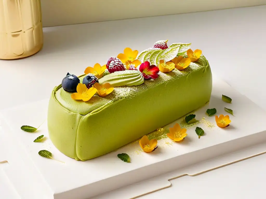 Un eclair de matcha de Sadaharu Aoki, decorado con flores comestibles y pan de oro