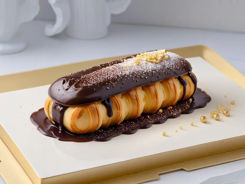 Un éclair recién horneado con glaseado de chocolate brillante y polvo dorado, en un plato blanco minimalista