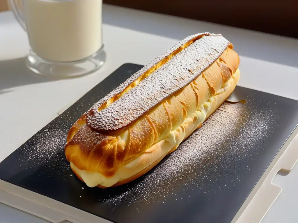 Un éclair recién horneado con azúcar glass, relleno cremoso, sobre un plato negro en un café francés