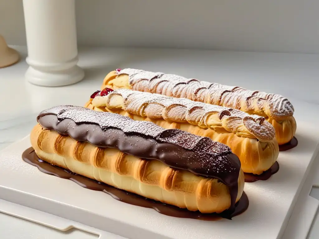 Éclairs saludables receta fácil: Bandeja de éclairs recién horneados, decorados con frambuesas y azúcar glas, sobre mármol moderno