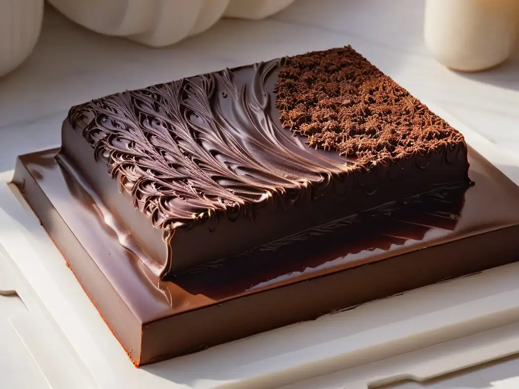 Efecto temperatura y textura del chocolate en un detalle ultra detallado y brillante sobre una tabla de mármol