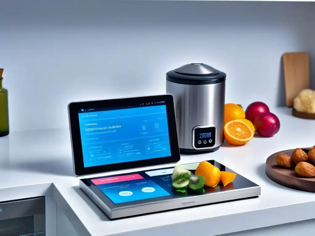 Eficiencia tecnológica en la cocina: tablet con app de recetas, smartphone con lista de compras, altavoz inteligente y báscula digital