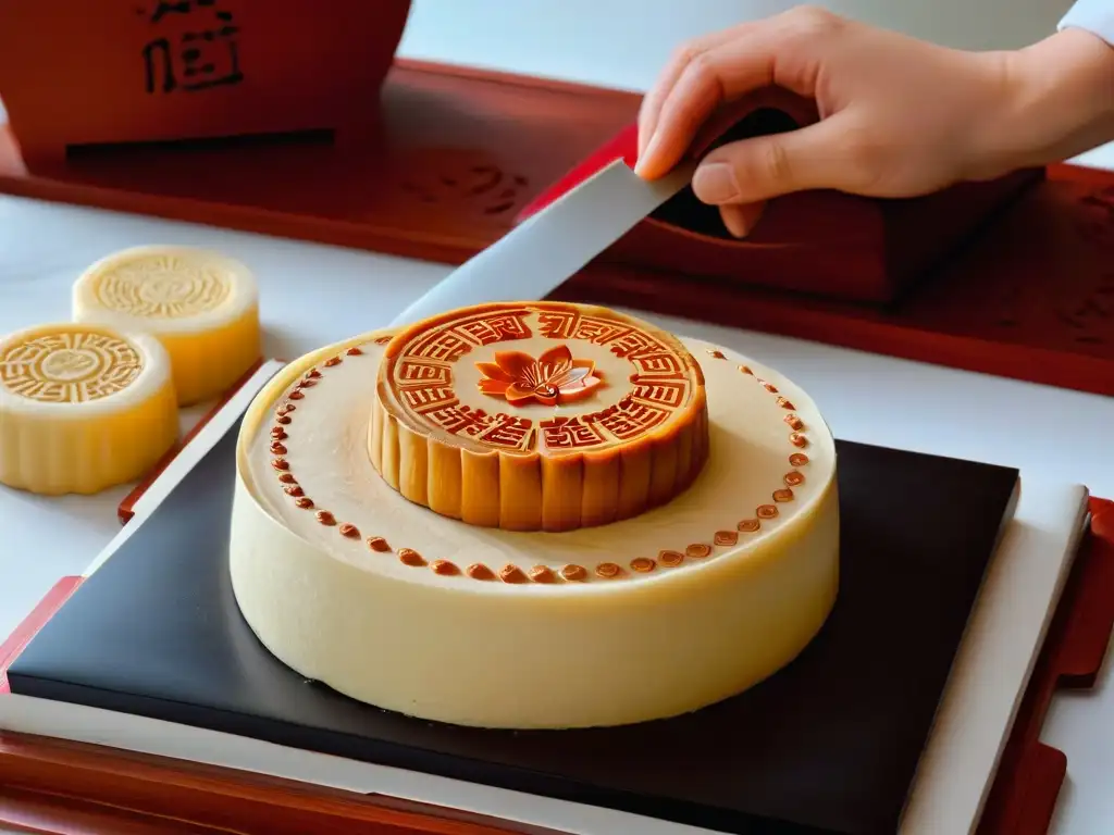 Elaboración artesanal de Mooncakes chinos tradicionales: Chef experto moldeando, rellenando y decorando con precisión