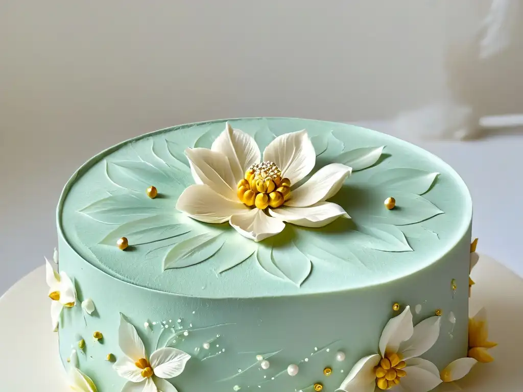 Elaboración artesanal de una delicada flor de azúcar con detalles en perlas y hojas de oro comestible sobre fondo blanco