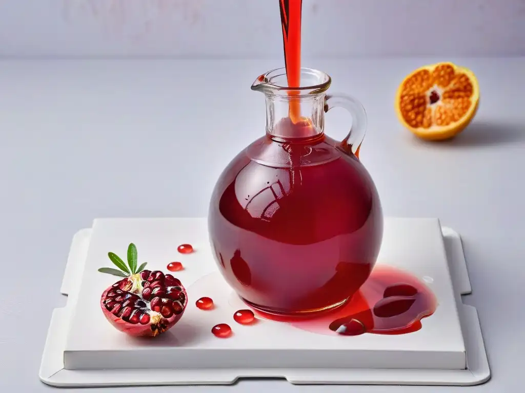 Exquisita elaboración de sirope de granada antioxidante Elaboración artesanal de sirope de granada para postres con gotas de jugo rojo cayendo delicadamente en una botella cristalina