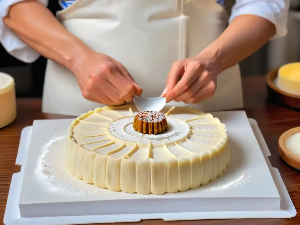 Elaboración de Mooncakes chinos tradicionales: Manos expertas moldeando la masa con precisión en un elegante mostrador de mármol