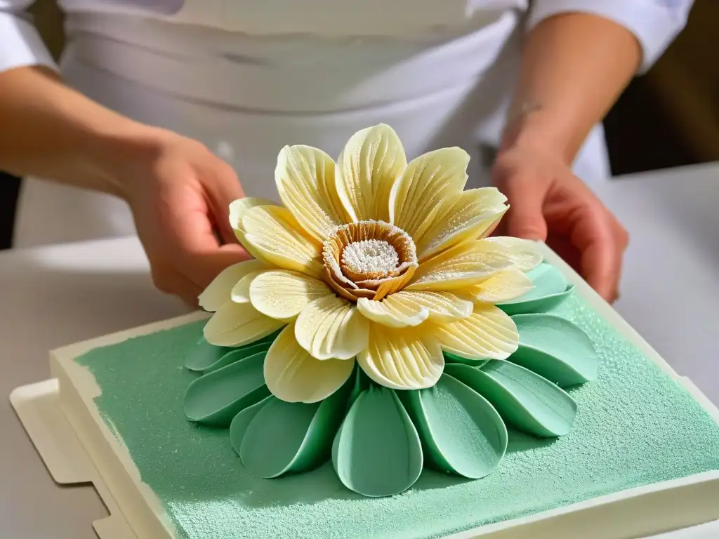 Elaboración detallada de flor de azúcar por chef experto