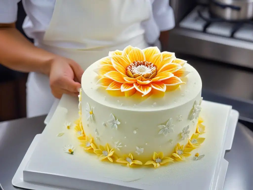 Creación artesanal de flor de azúcar en cocina futurista Elaboración de una flor de azúcar detallada con técnicas de repostería avanzadas realidad aumentada