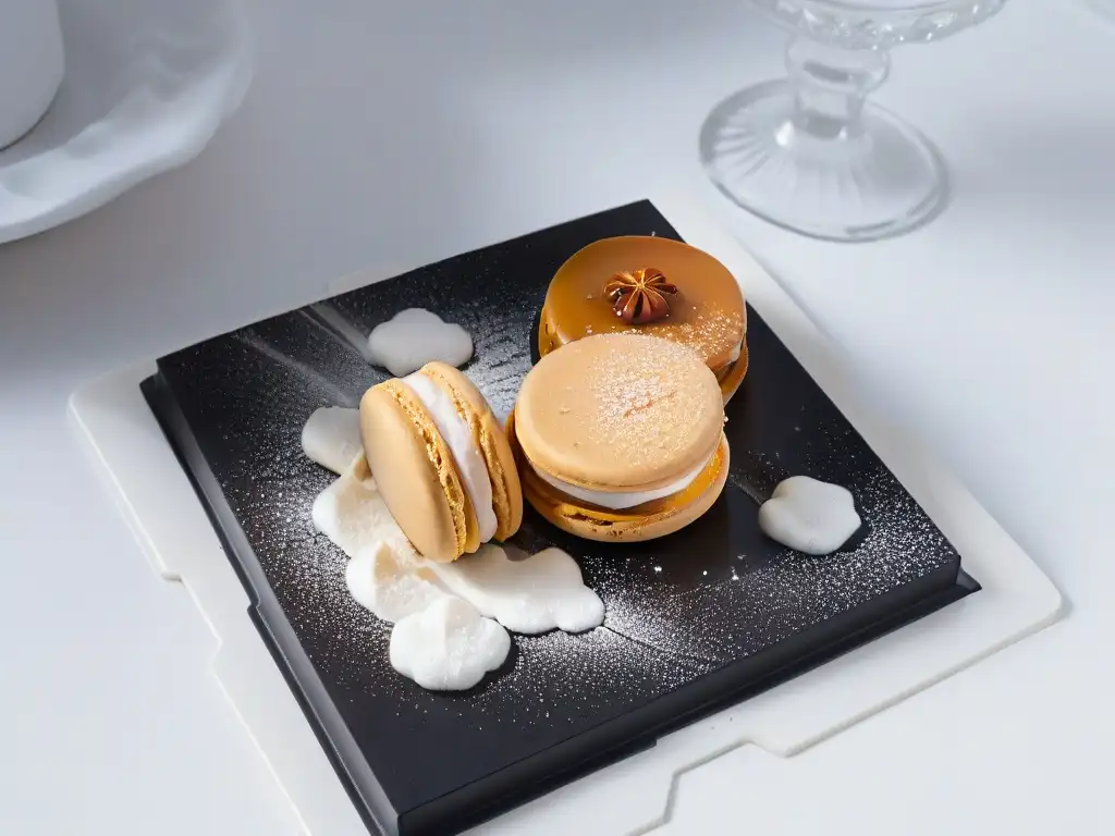 Un macaron perfectamente elaborado con caramelo sobre diseño moderno postres arte gastronomía
