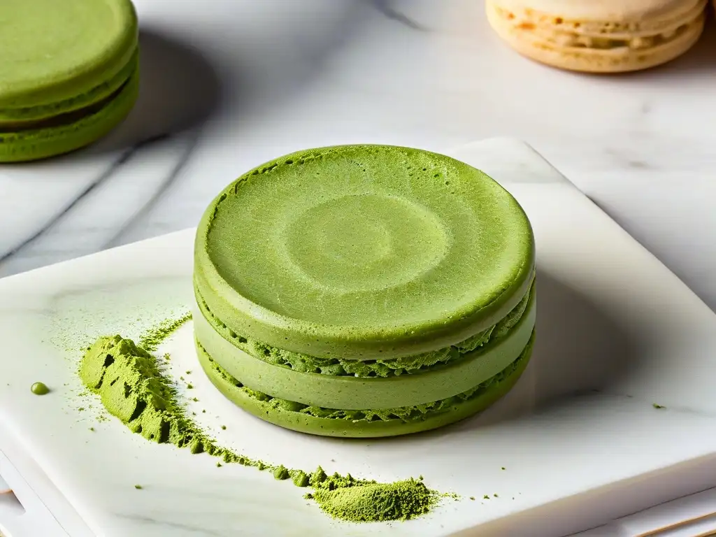 Un macaron de té matcha perfectamente elaborado sobre una encimera de mármol