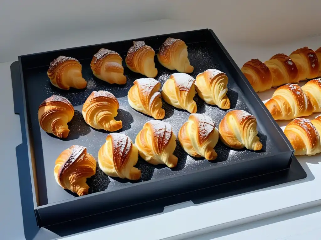 Elegancia y precisión: bandeja Matfer Bourgeat negra con croissants dorados recién horneados