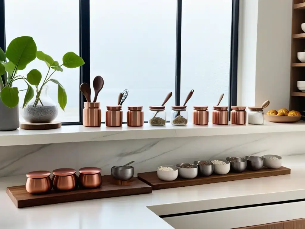 Baking station de mármol blanco en cocina compacta Organización y elegancia en cocina de hogar pequeño con utensilios de cocina