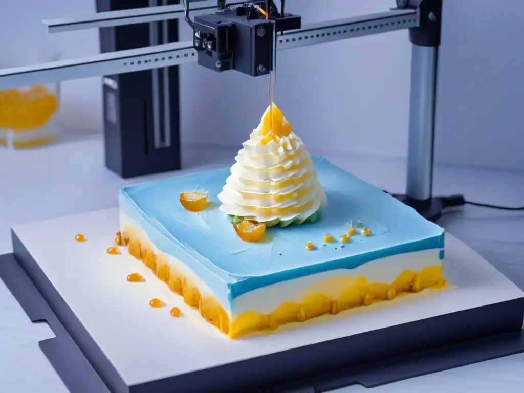 Un elegante 3D printer creando postres detallados en tonos pastel