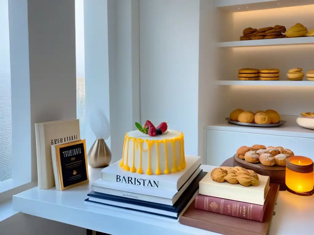 Un elegante ambiente de cocina con libros de repostería internacional recomendados, bañado por luz natural